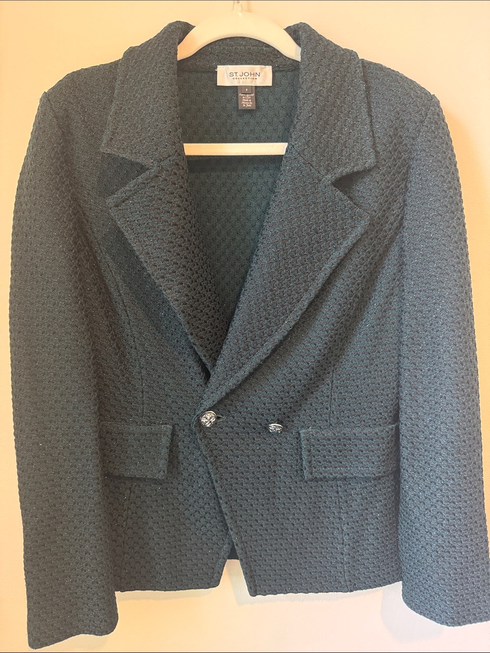 St. John Sparkly Green dnd Black Textured Knit Jacket with Shoulder Pads